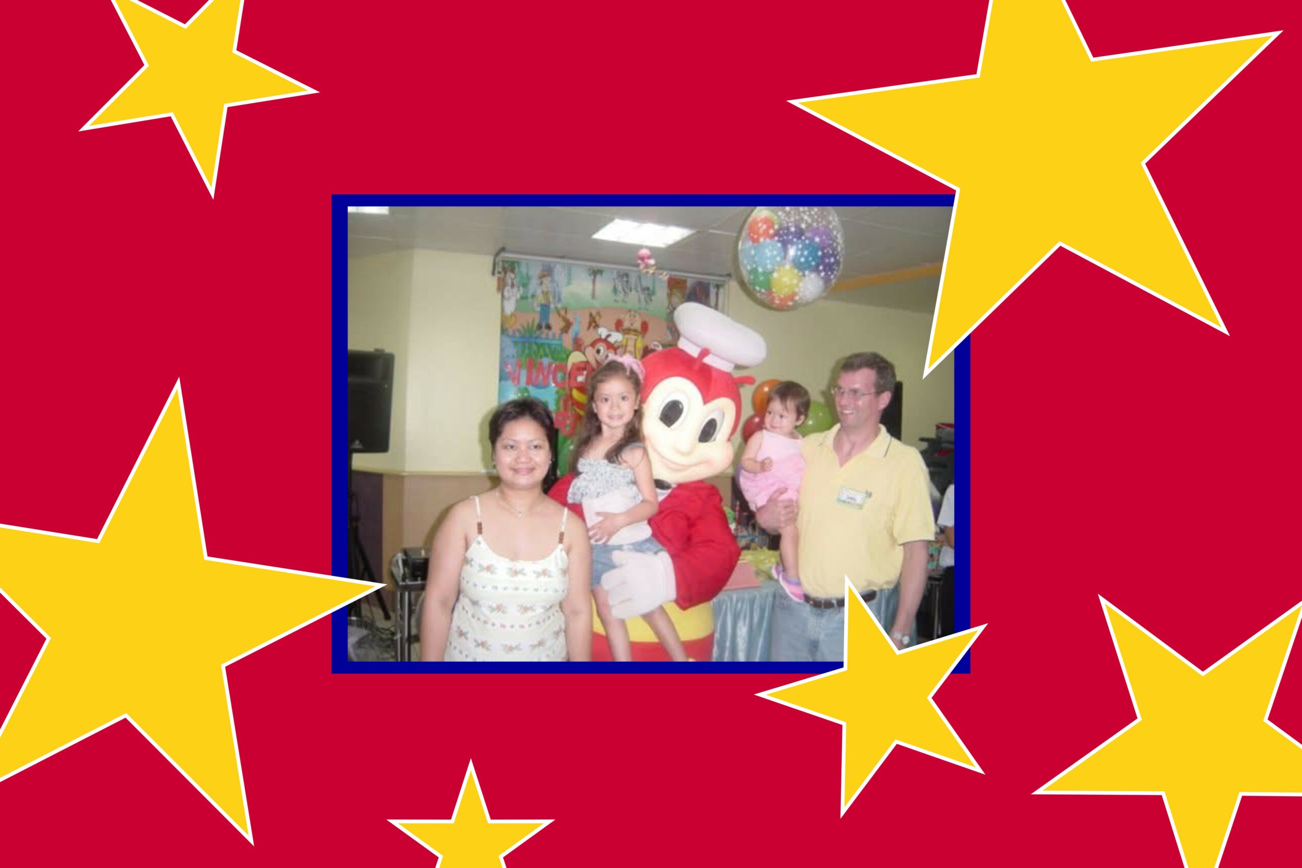 Group of children with a person in a Mickey Mouse costume, colorful background, party decorations, and a red border with yellow stars.