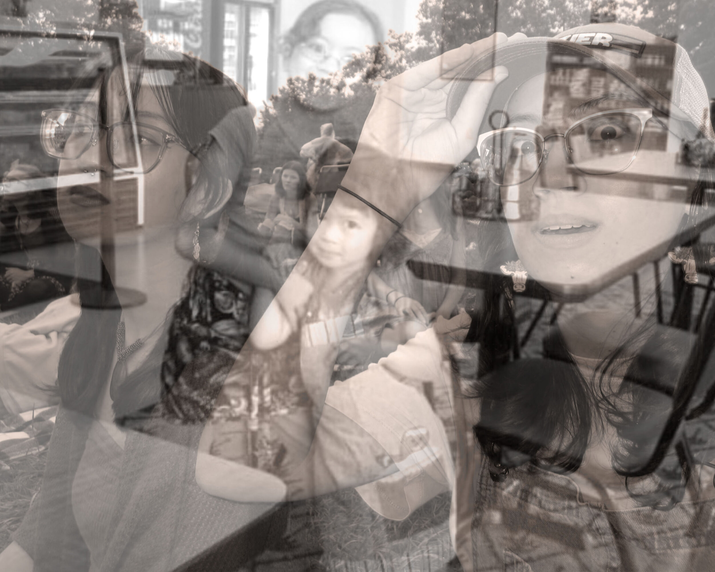 Multiple people, including children, in a room with tables and chairs, with reflections and overlapping images.