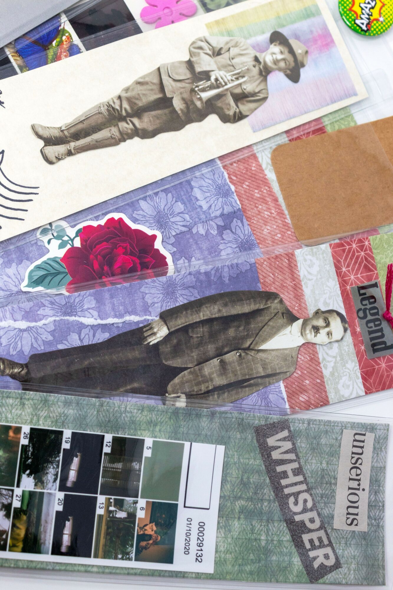 Collage of vintage-style images and text, including a man in a suit, a woman in a hat, and words like 'Legend' and 'Whisper'.