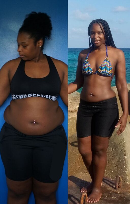 Side-by-side photos of a woman, one in a black sports bra and shorts, the other in a colorful bikini top and black shorts at the beach.