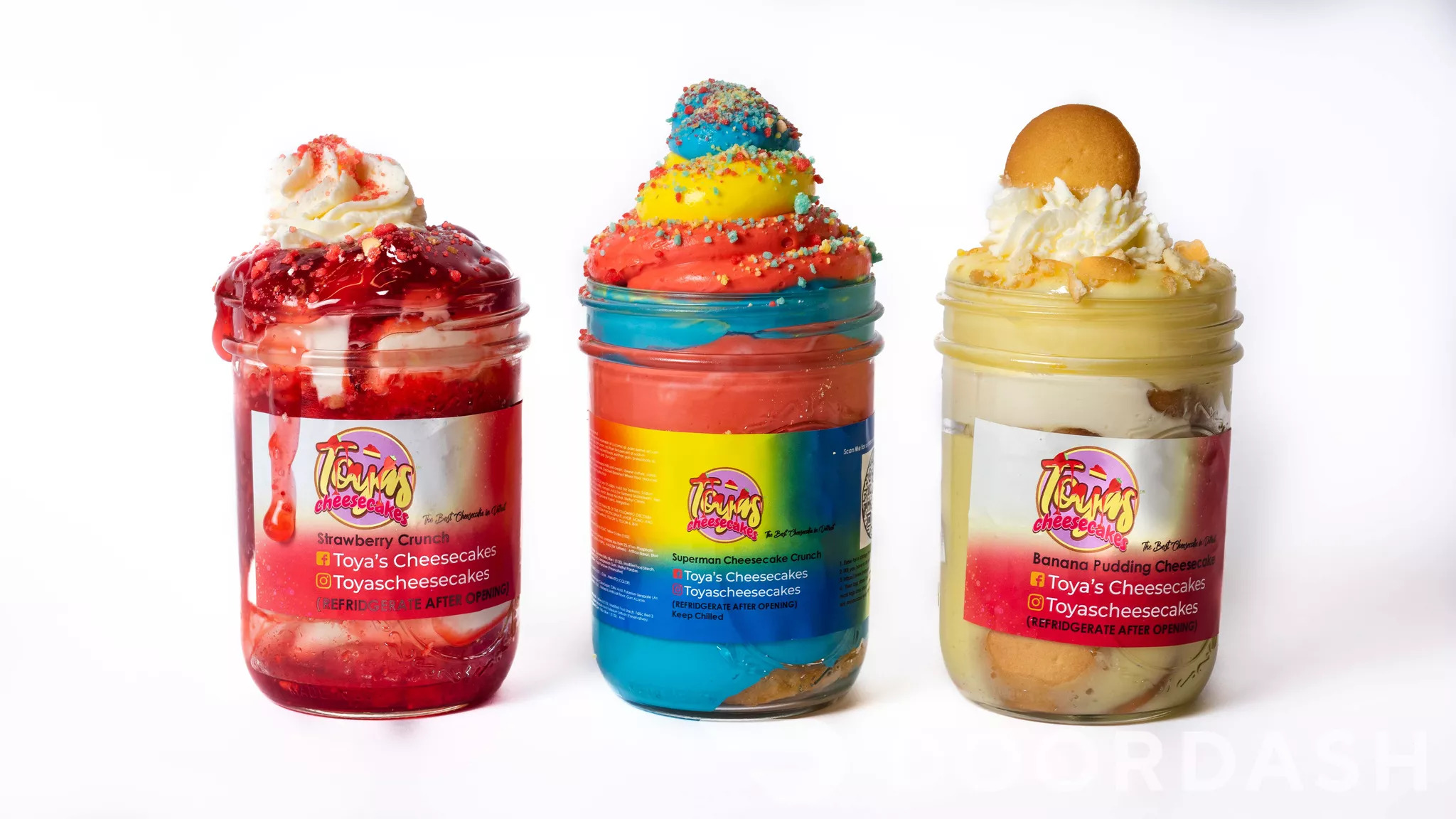 Three jars of colorful ice cream with toppings and labels, against a white background.