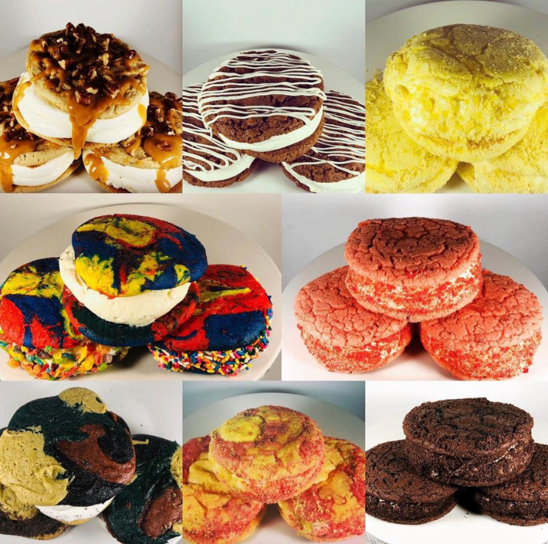 Assorted cookies and baked goods, including topped, drizzled, and colorful cookies, arranged in a grid.