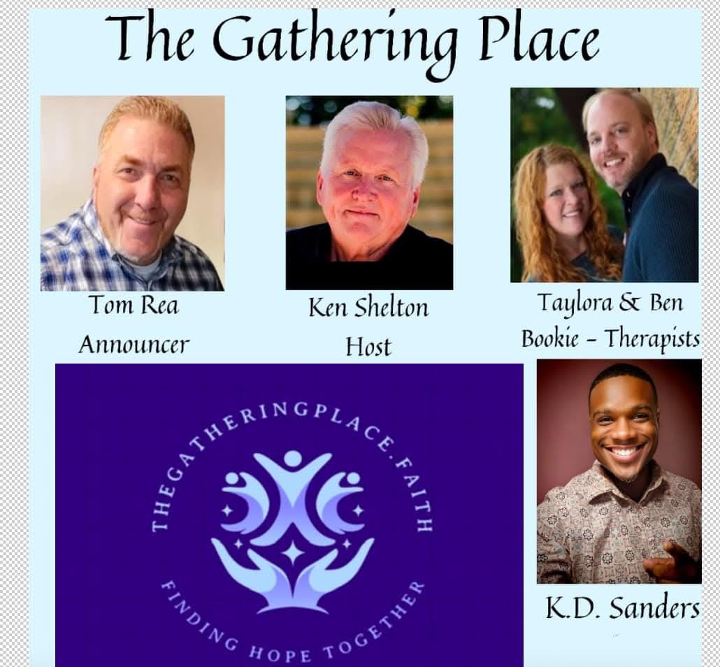 Group photo of five people, including hosts and therapists, with a logo and text about The Gathering Place.