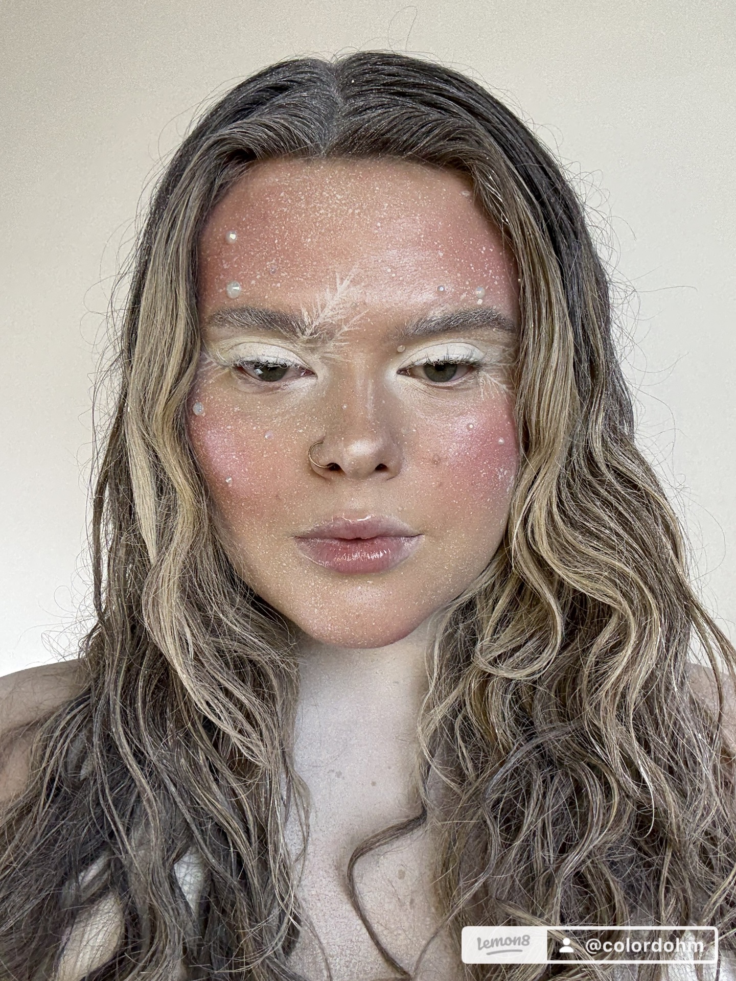 Close-up of a woman with makeup resembling snow and ice, with wavy hair and a neutral background.