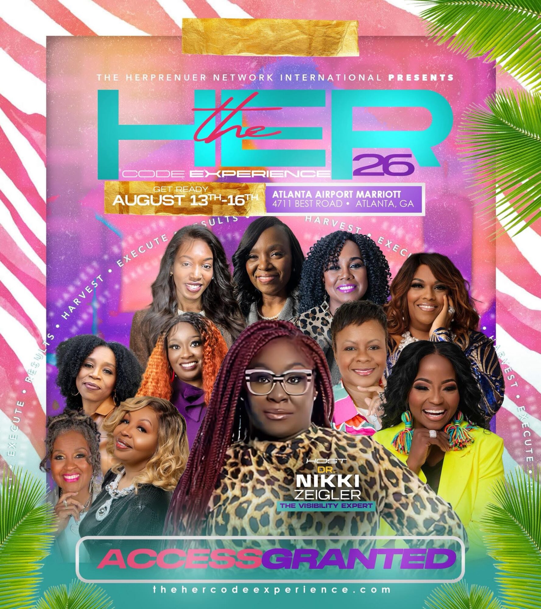 Group of women smiling in front of a colorful event banner with pink, purple, and green background, and palm leaves.