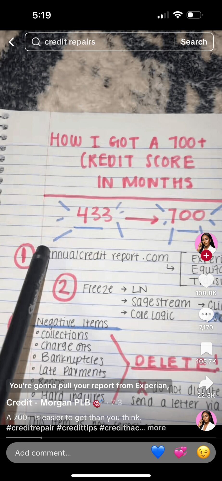 Handwritten notes on lined paper about credit scores, with a pink arrow pointing to 700, and a pink circle around 433.