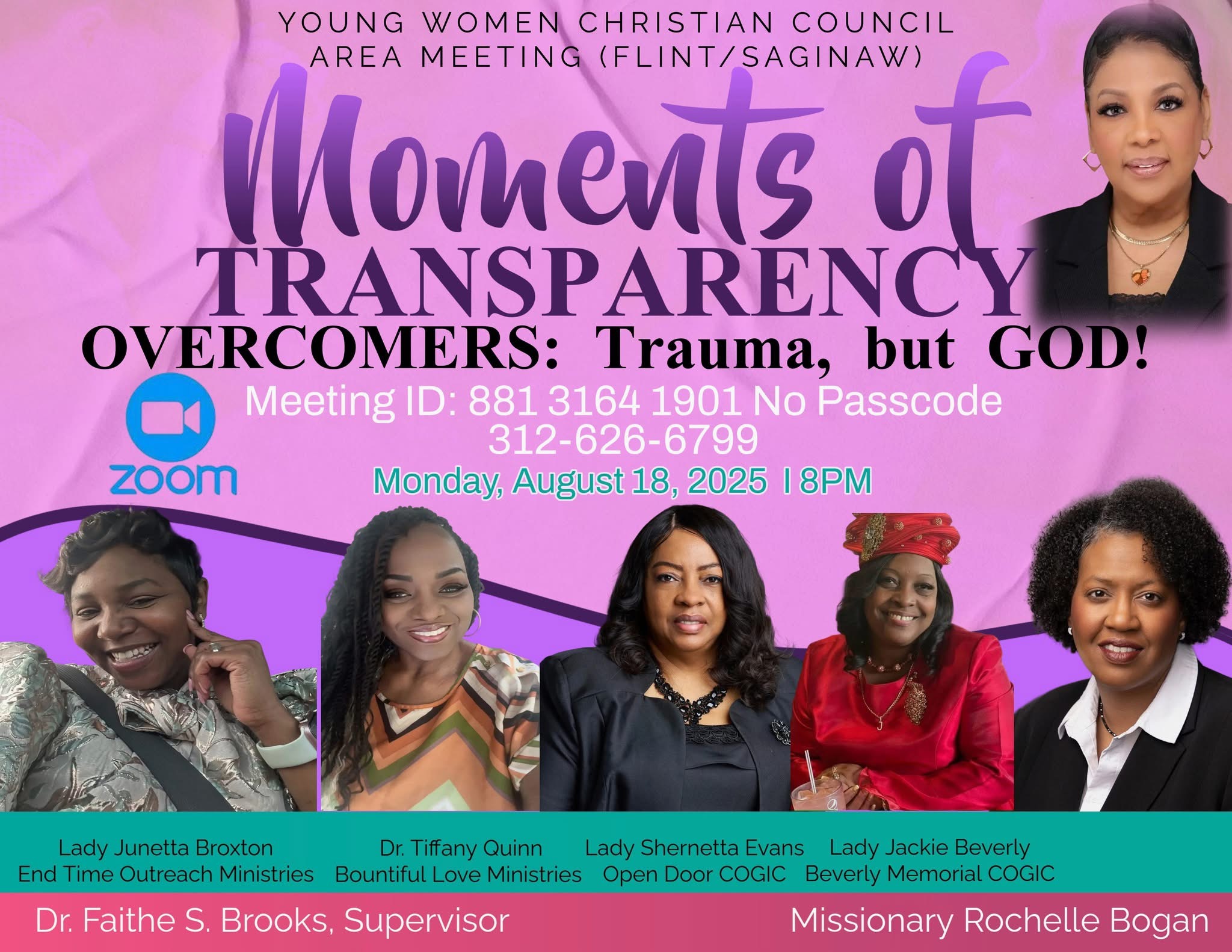 Event poster with five women, purple background, and text about trauma and faith, dated August 18, 2025.