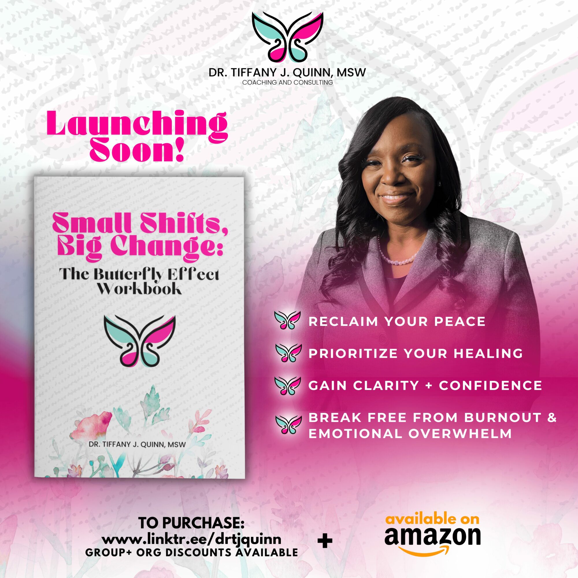 A woman with dark hair smiling, wearing a pink and gray blazer, standing next to a book cover titled 'Small Shirts, Big Change.'