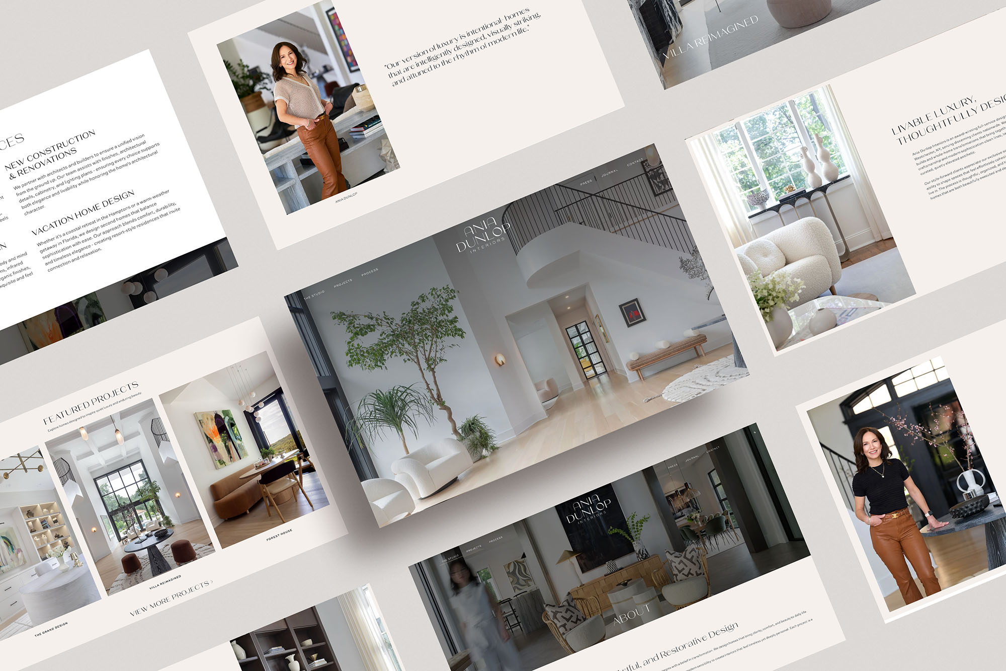 Collection of interior design and lifestyle images, including a woman, living room, and workspace, with text and layouts.