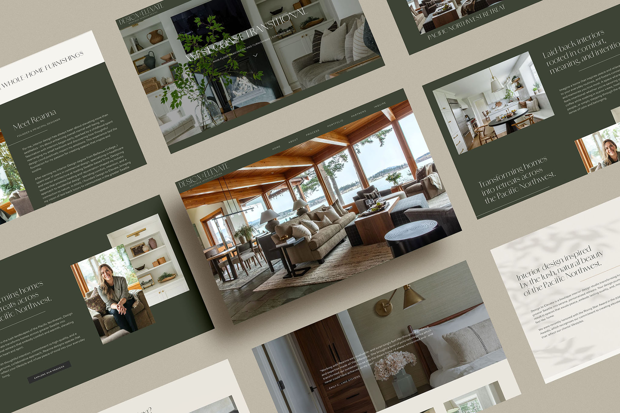 Collage of interior design images including living rooms, furniture, and text pages, arranged in a grid pattern.