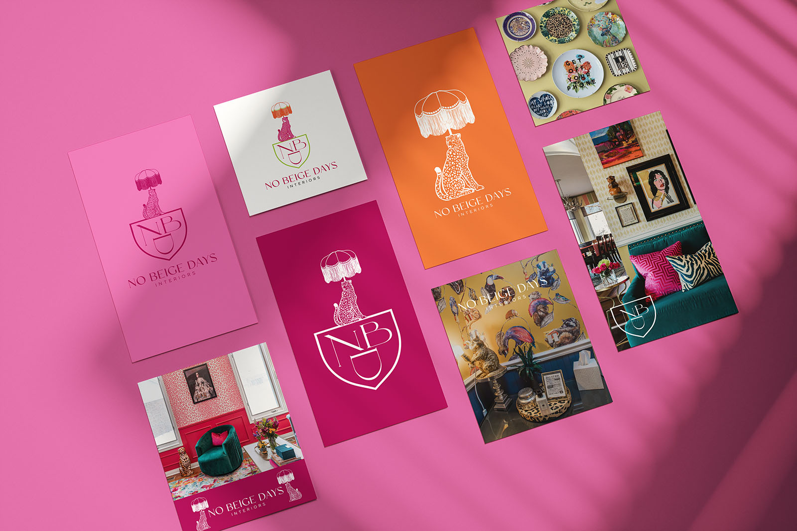 Collection of colorful greeting cards with umbrella illustrations and interior decor images on pink background.