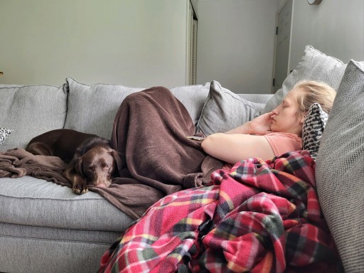 A girl sleeps on a couch with a dog lying beside her, covered with a blanket, in a living room.