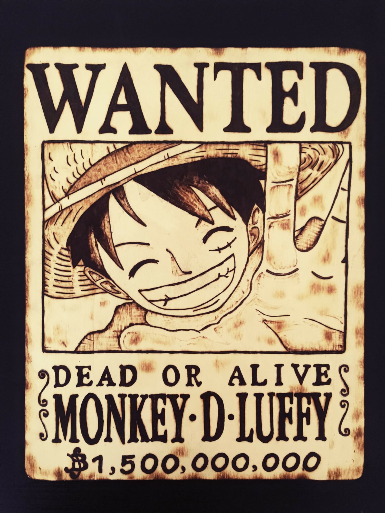 Wanted poster featuring Monkey D. Luffy smiling, with text indicating a reward of 1,500,000,000 berries.