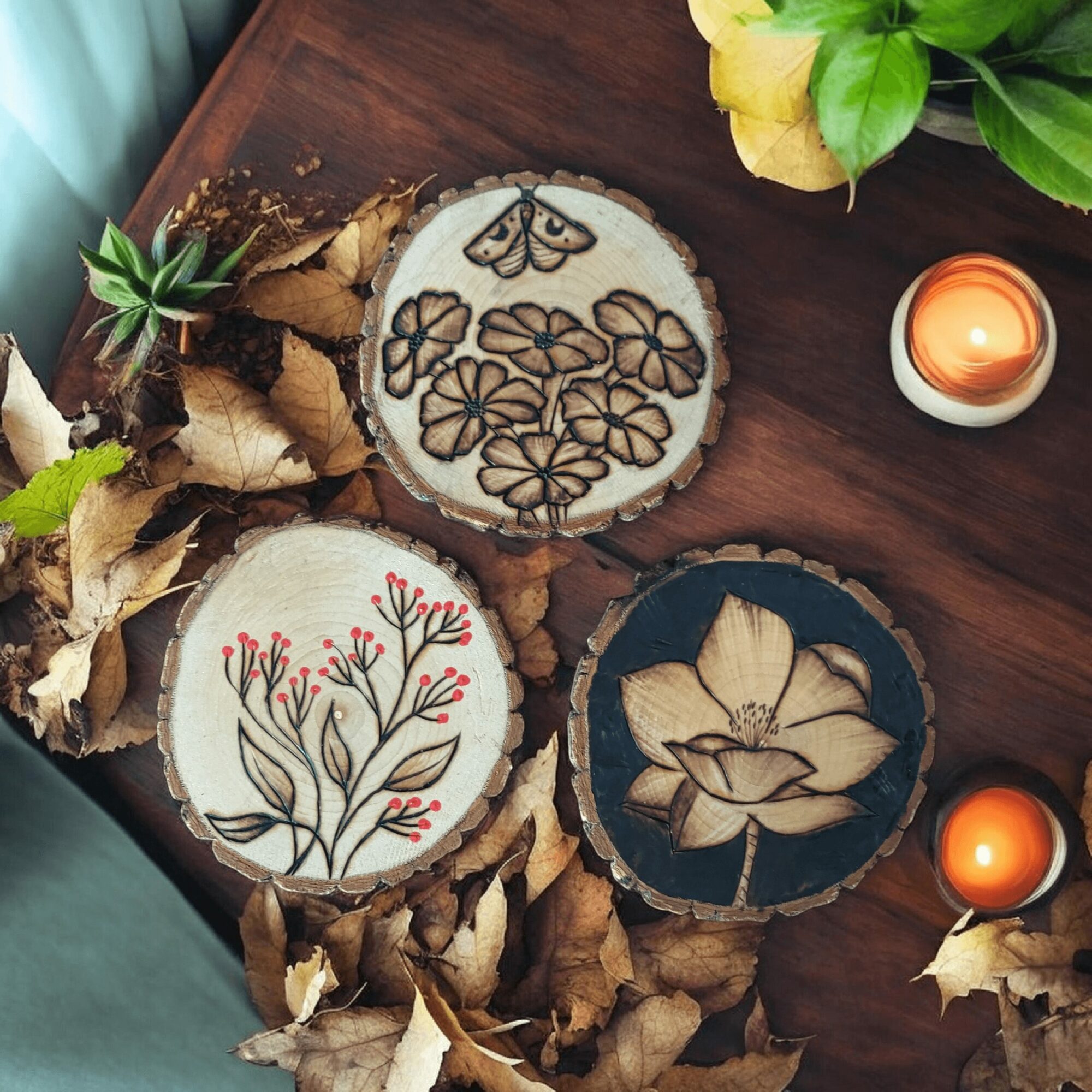 Three wooden slices with floral and plant designs, surrounded by dried leaves, with candles and green plants nearby.
