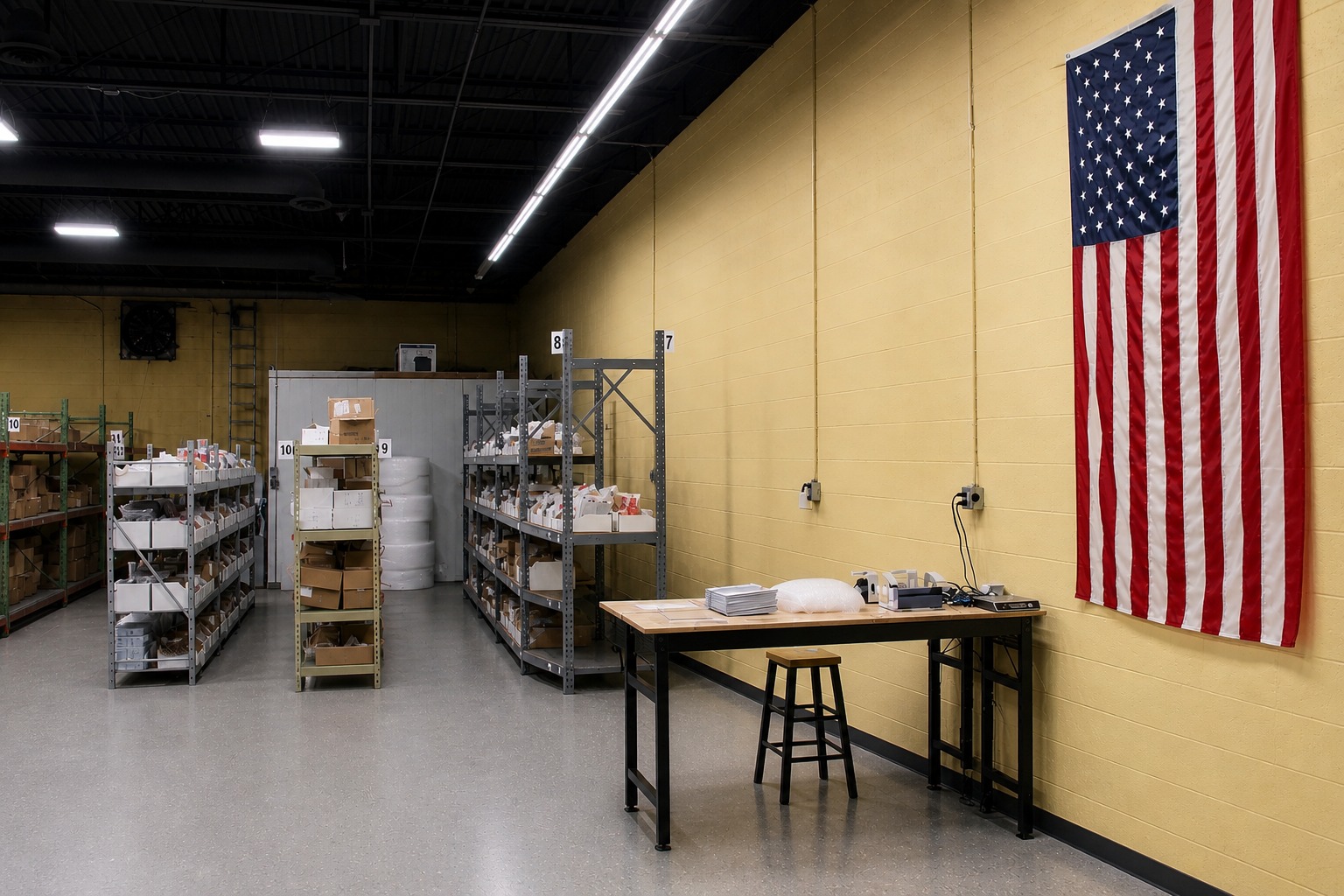 Empty room with shelves, a table, and an American flag on a yellow wall.