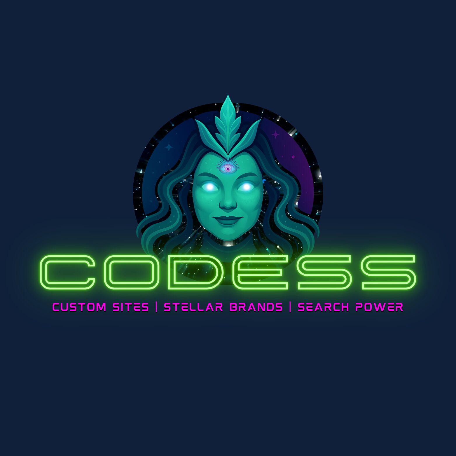 A digital illustration of a woman with glowing eyes and a headdress, surrounded by a starry circle, with neon green text below.