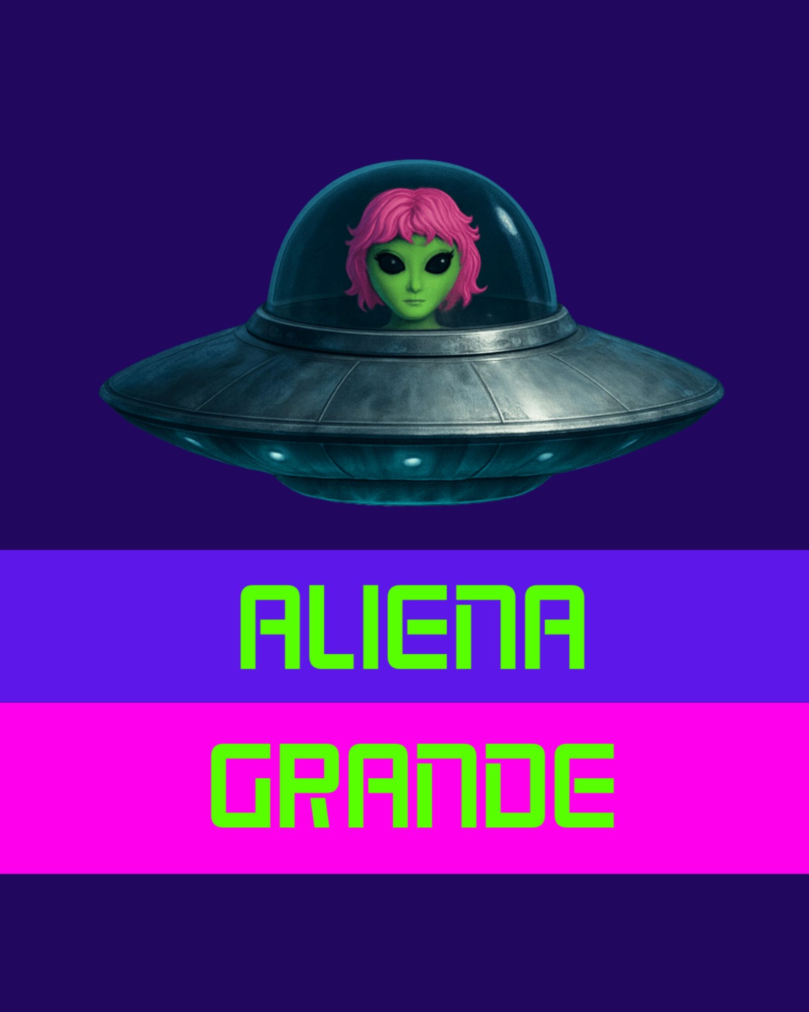 Green alien with pink hair inside a flying saucer against a dark background.