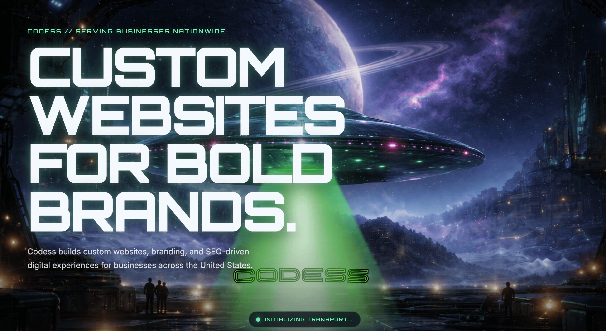 Futuristic space scene with spaceship and planets, advertising custom websites for bold brands, with text overlay.