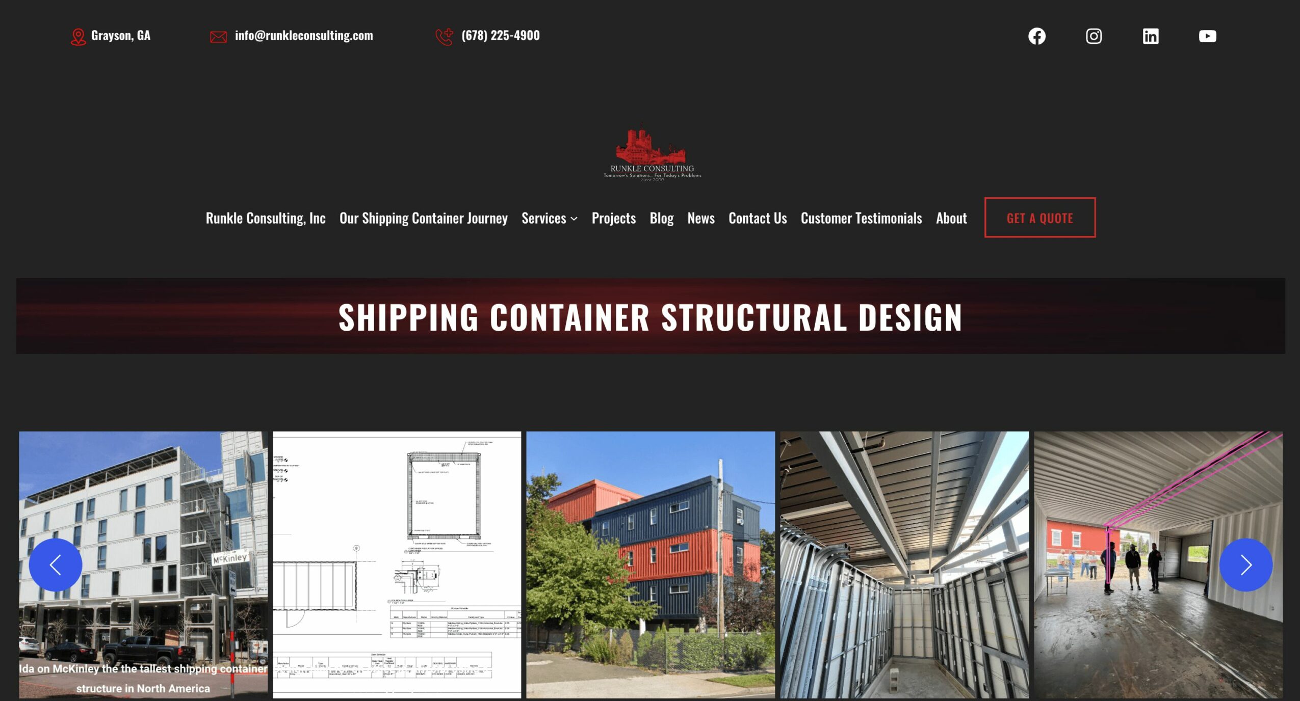 Website header with navigation menu, logo, and a banner titled 'Shipping Container Structural Design' with images of buildings and structures.