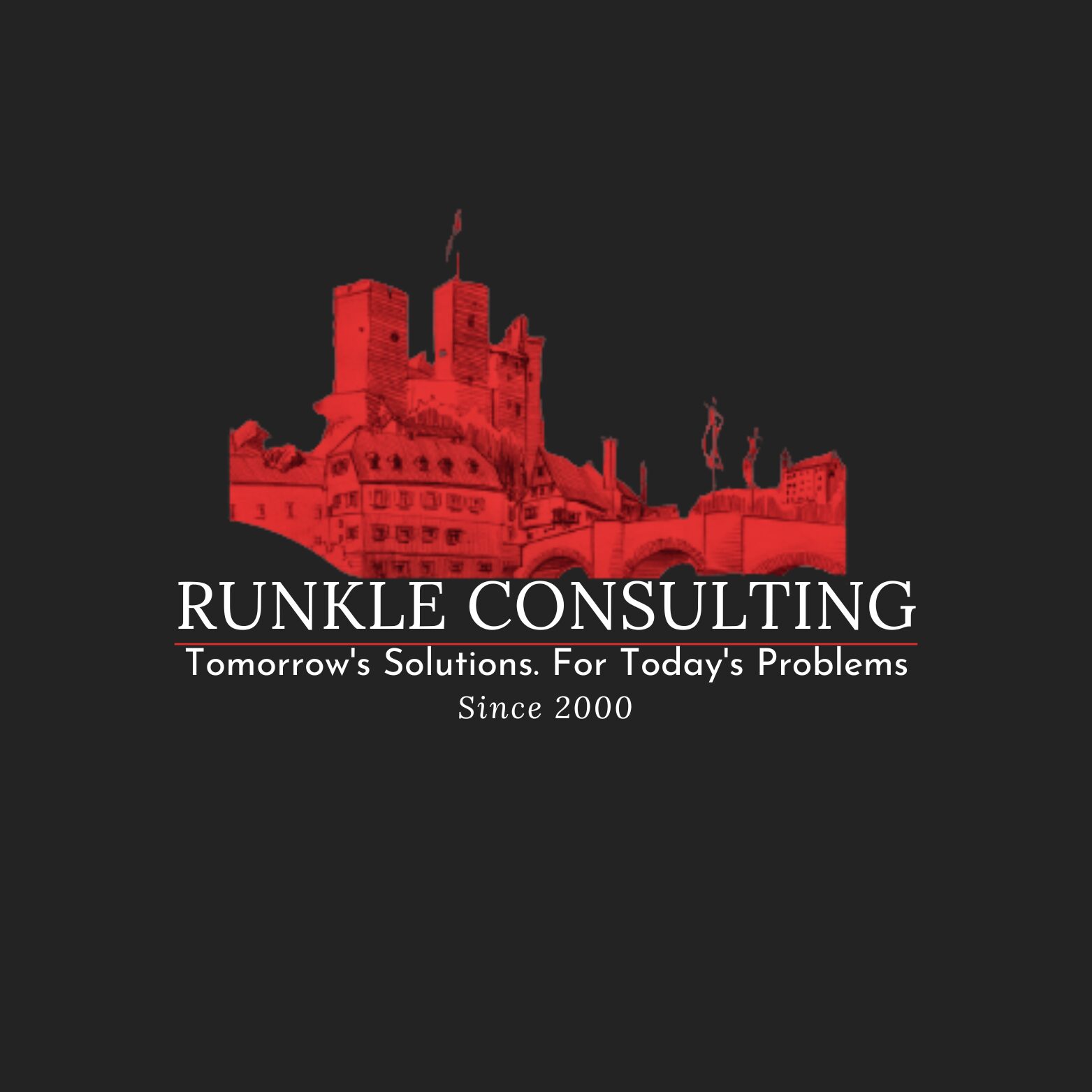 Red castle illustration with text: RUNKLE CONSULTING, tagline, and since 2000, on black background.
