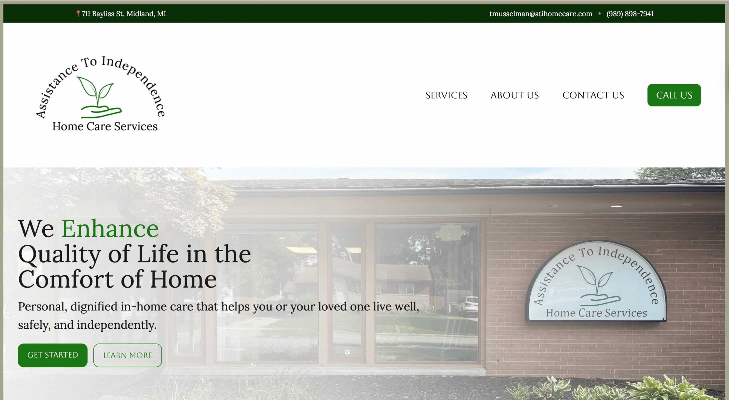 Home Care Services website with logo, navigation menu, and a house exterior background, promoting quality of life at home.