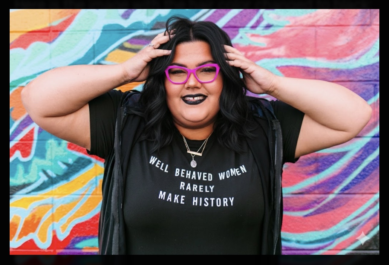 Person with black hair, purple glasses, and dark lipstick stands in front of colorful graffiti background, hands on head, smiling.