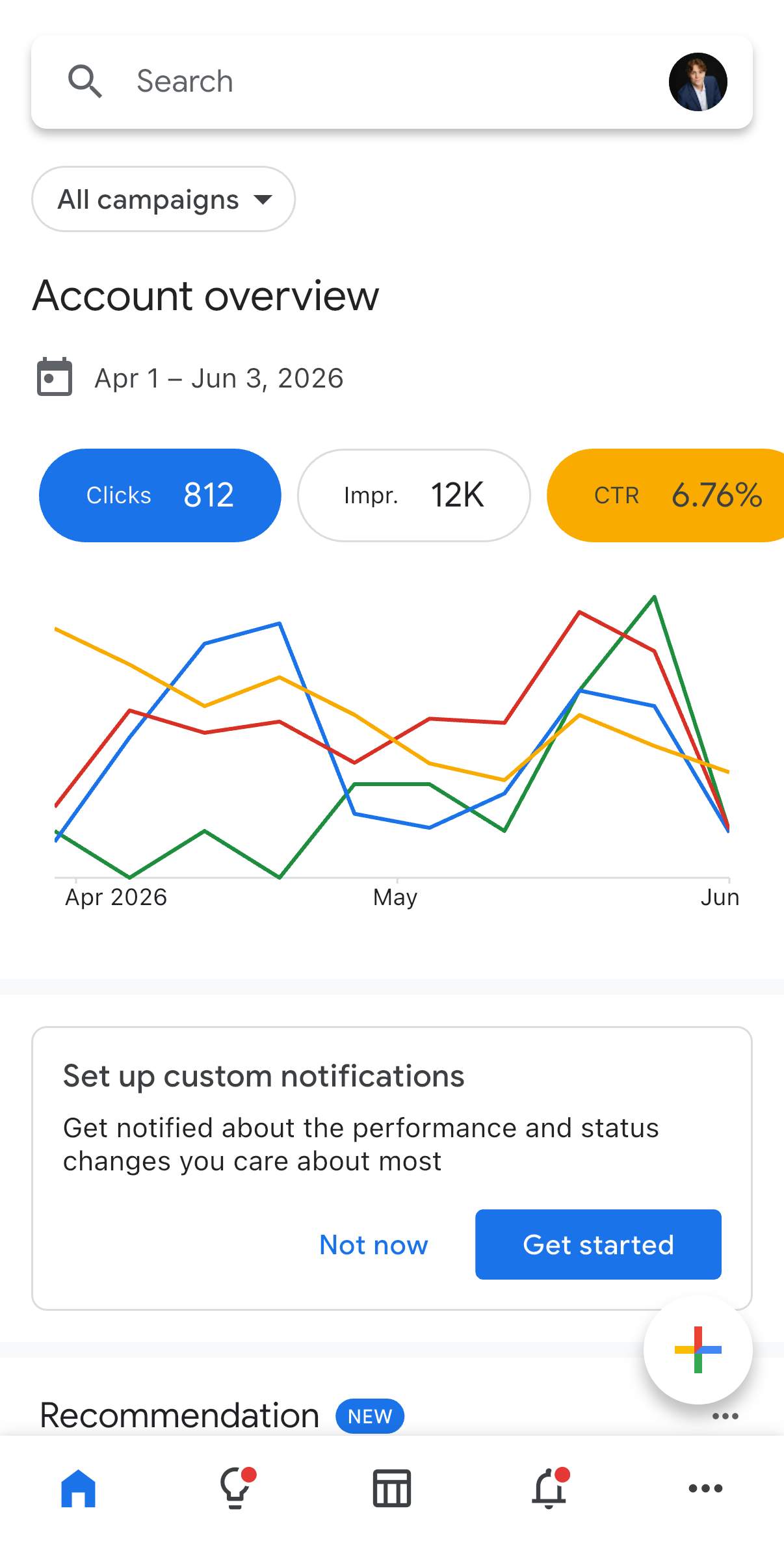 Screenshot of a mobile app showing account overview, campaign stats, and a line graph from April to June 2026.