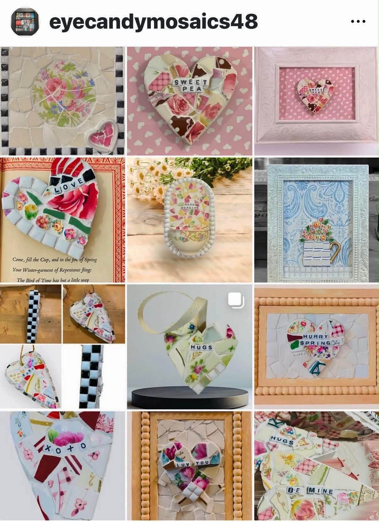 Collection of mosaic and cross-stitch art pieces featuring hearts, flowers, and decorative patterns in various frames and backgrounds.
