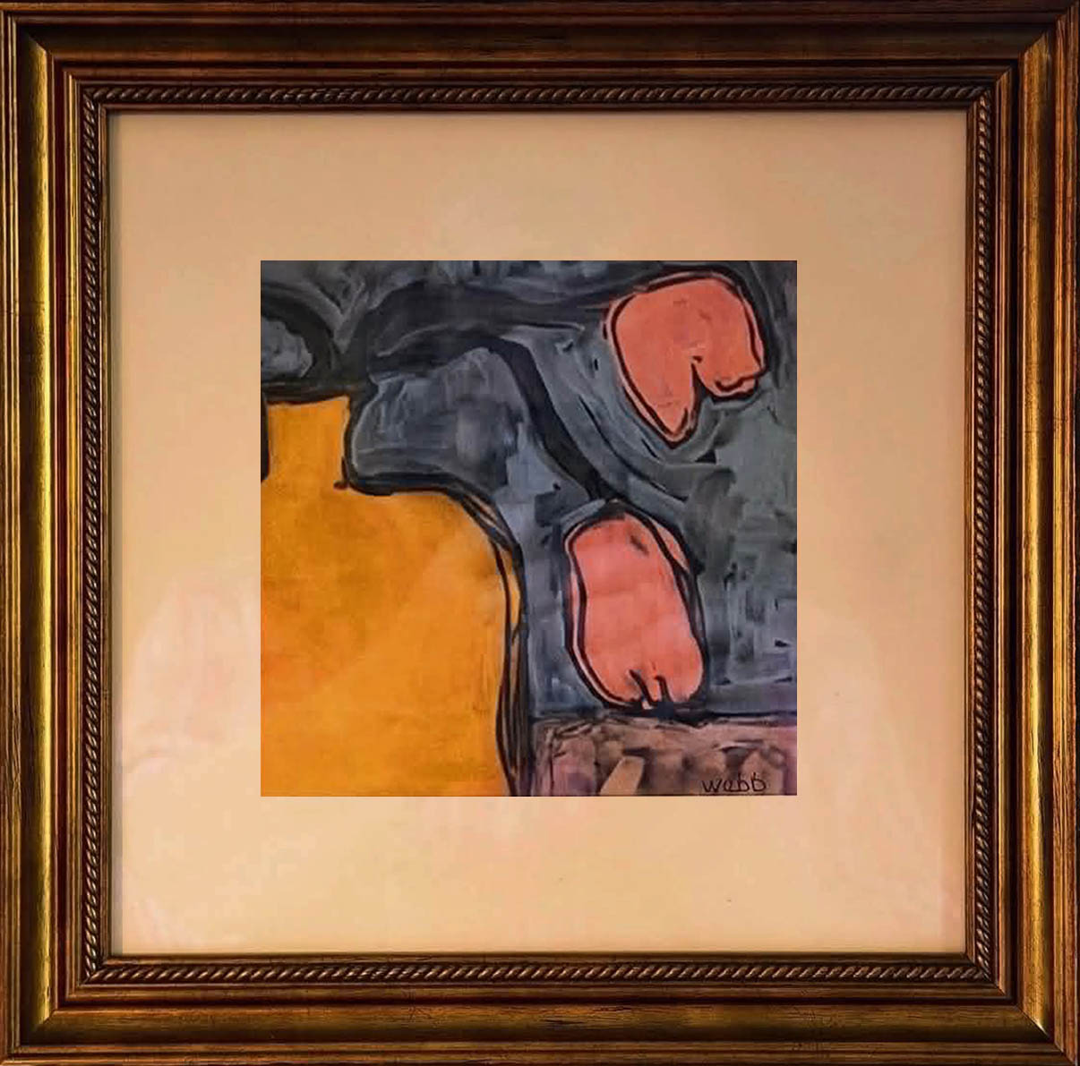 Abstract painting with dark gray, orange, and pink shapes, framed in a wooden frame with a beige mat, viewed upright.