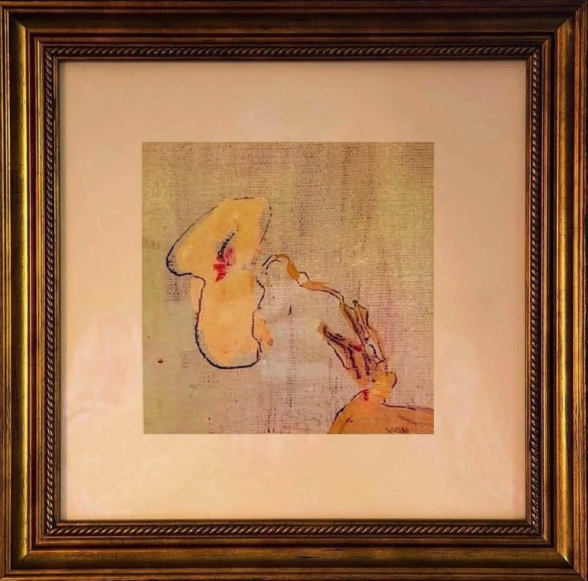 Abstract painting of a face and hand with red accents, framed in a wooden frame.