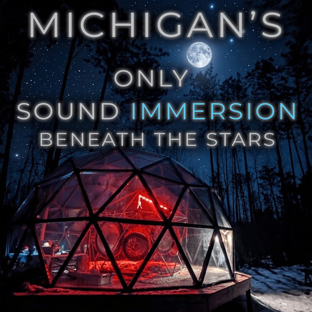 Night scene with a geodesic dome tent illuminated inside, trees, moon, and stars in the sky, with text about Michigan's sound immersion.