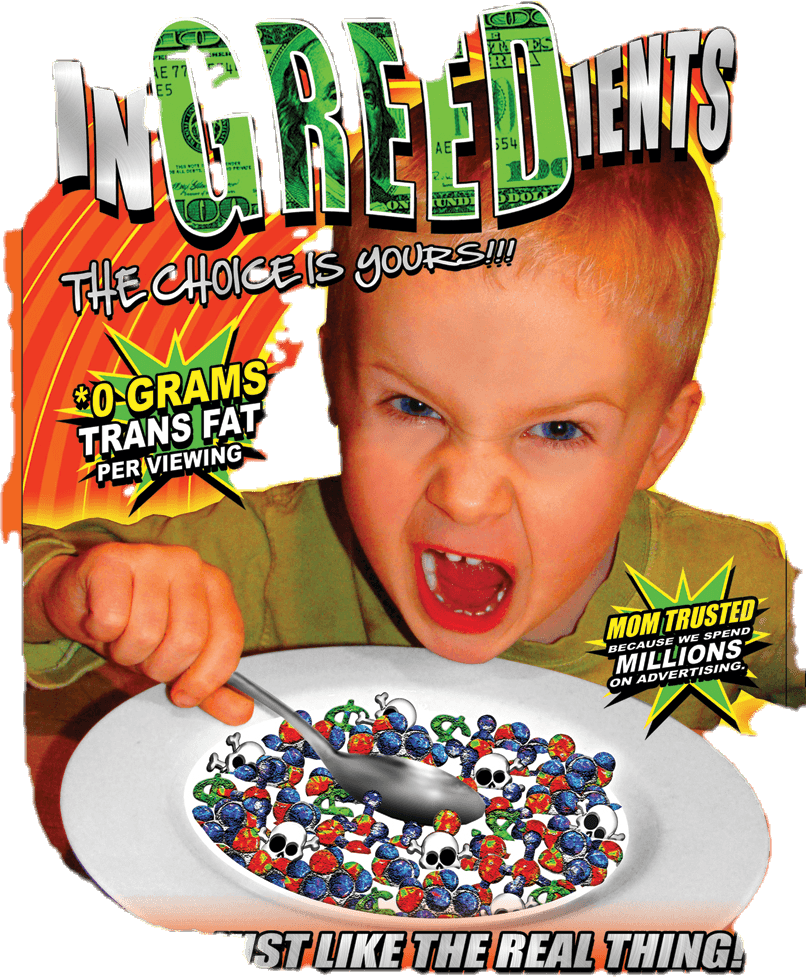 Young boy with an angry expression, holding a spoon over a plate of colorful pills, with bold text and graphics around him.