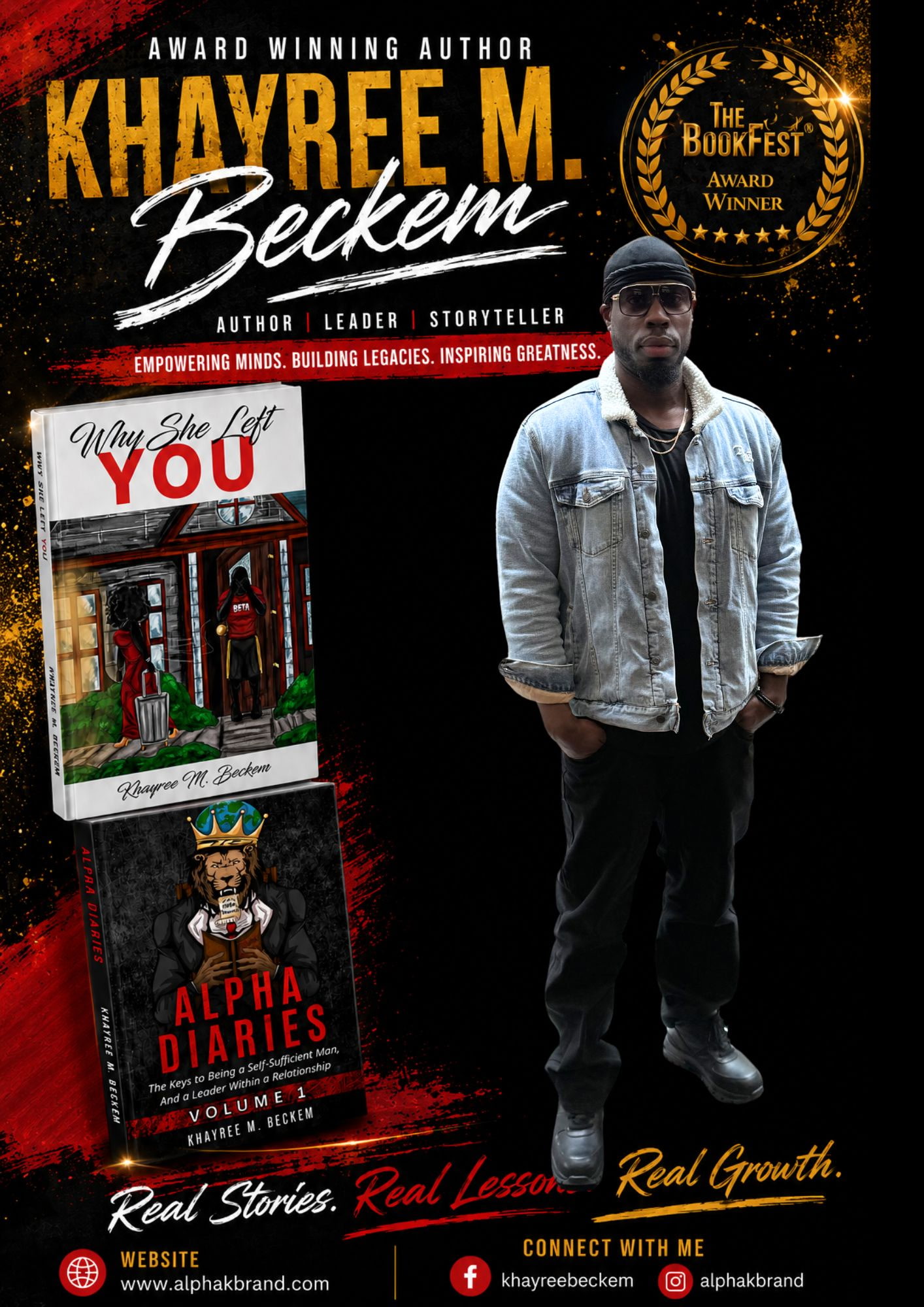 Man in denim jacket and black cap standing in front of a book cover with the author's name and awards, dark background.