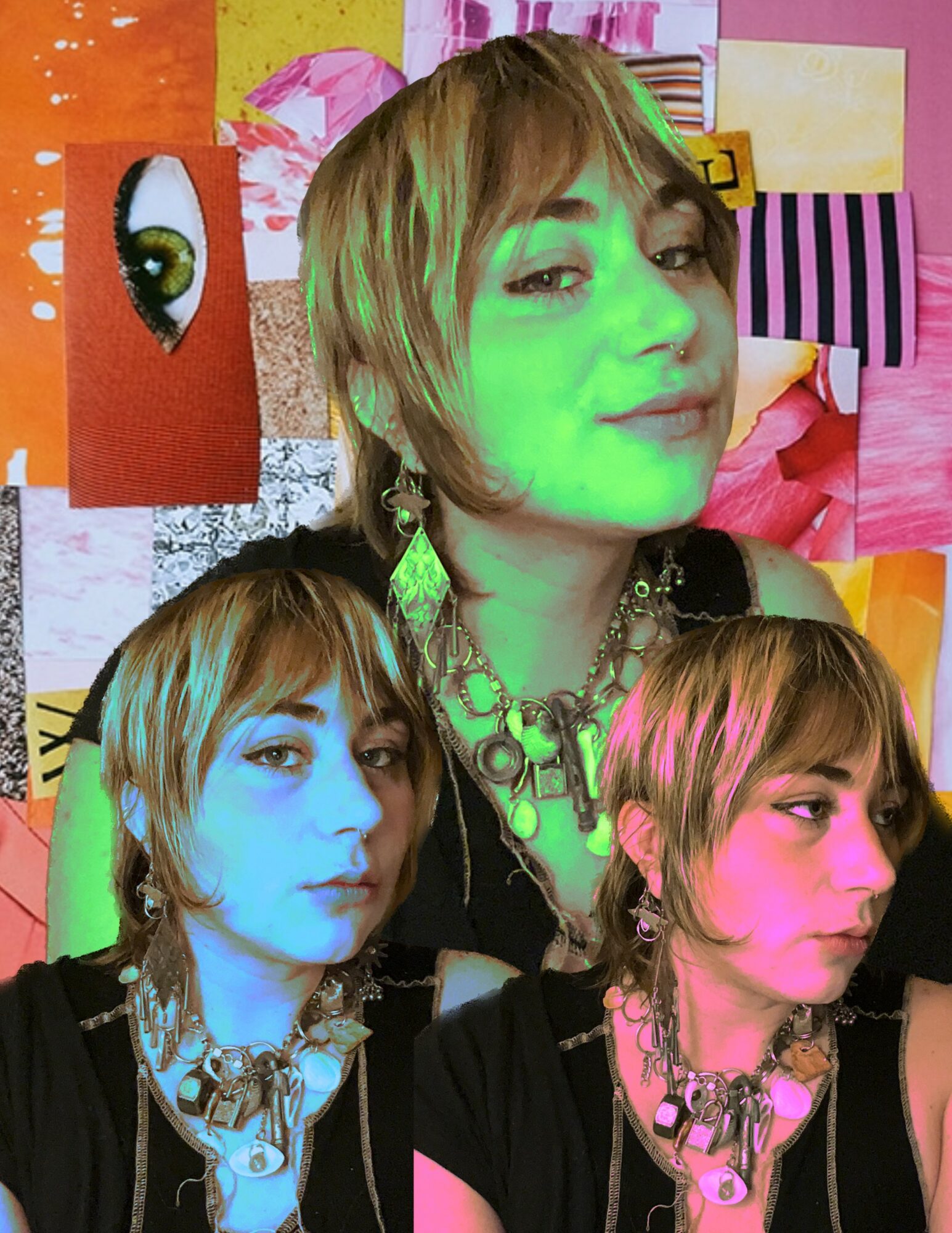 Three women with colorful backgrounds, one with green face, one with blue face, and one with pink face makeup, all wearing jewelry.