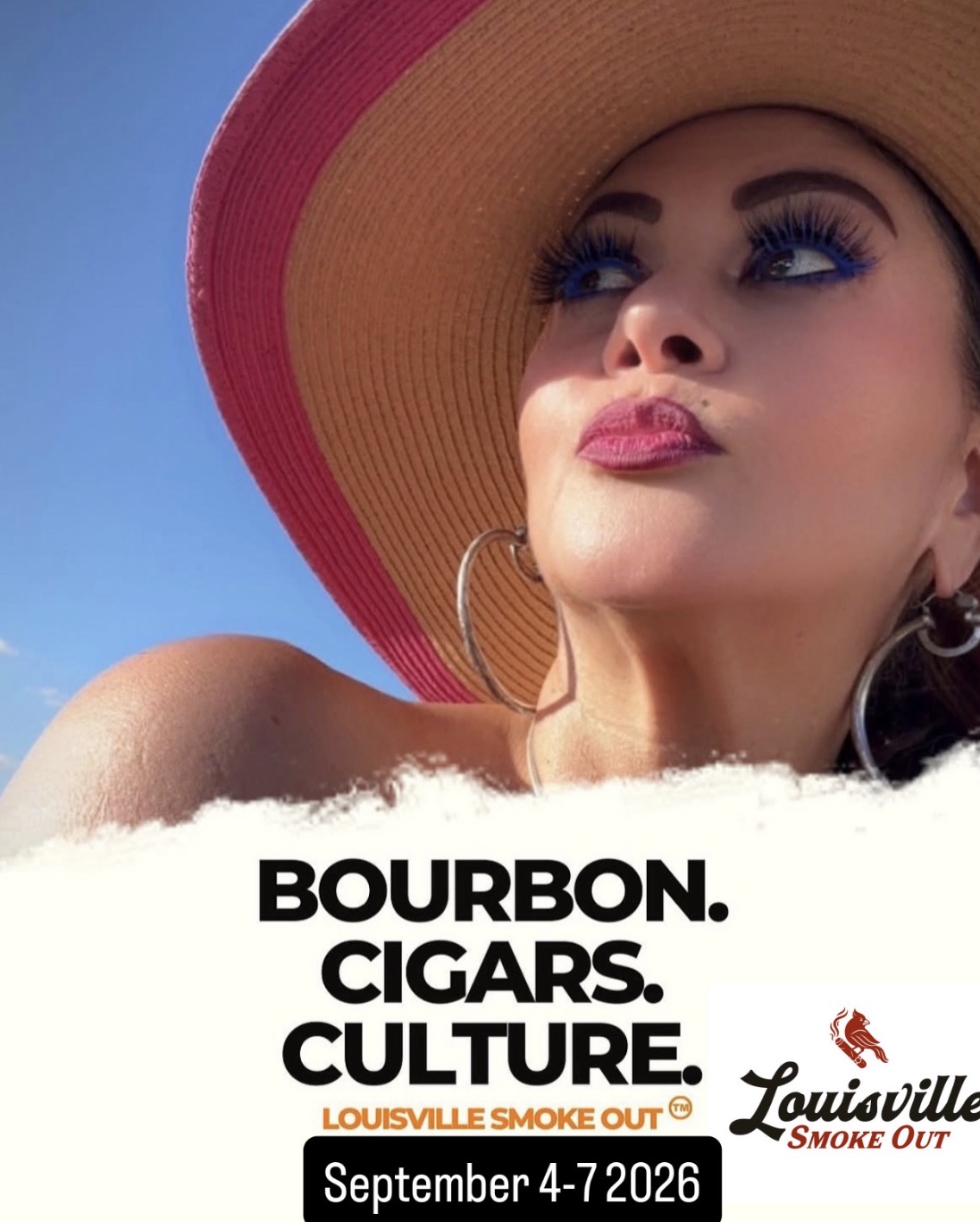 Woman wearing a large hat with a wide brim, looking upward against a blue sky, with text about bourbon, cigars, and culture.