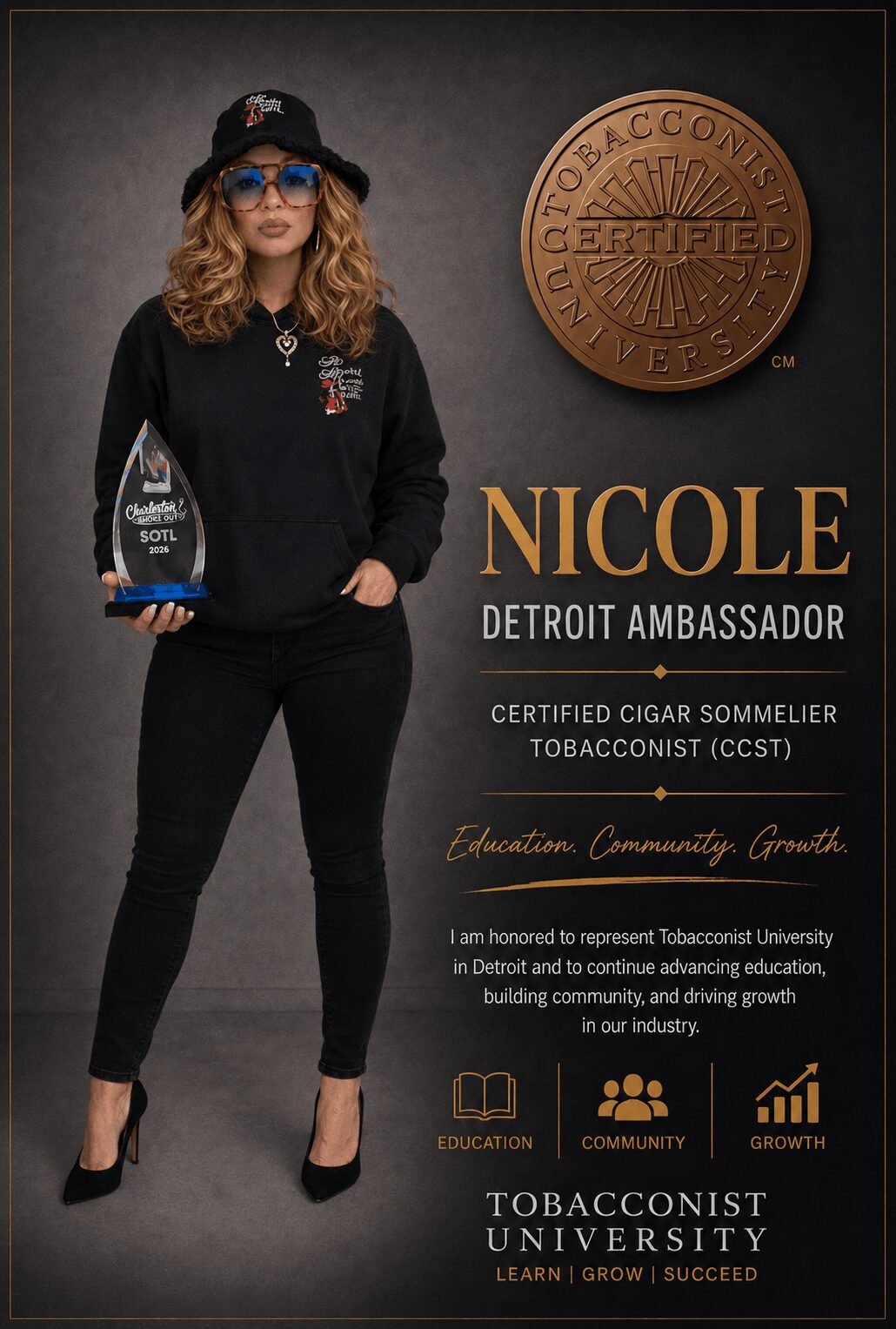 Woman with curly hair wearing sunglasses, black hoodie, and black pants holding a cigar box, standing next to a circular certification emblem, with text about Nicole, Detroit ambassador, and education, community, growth icons.