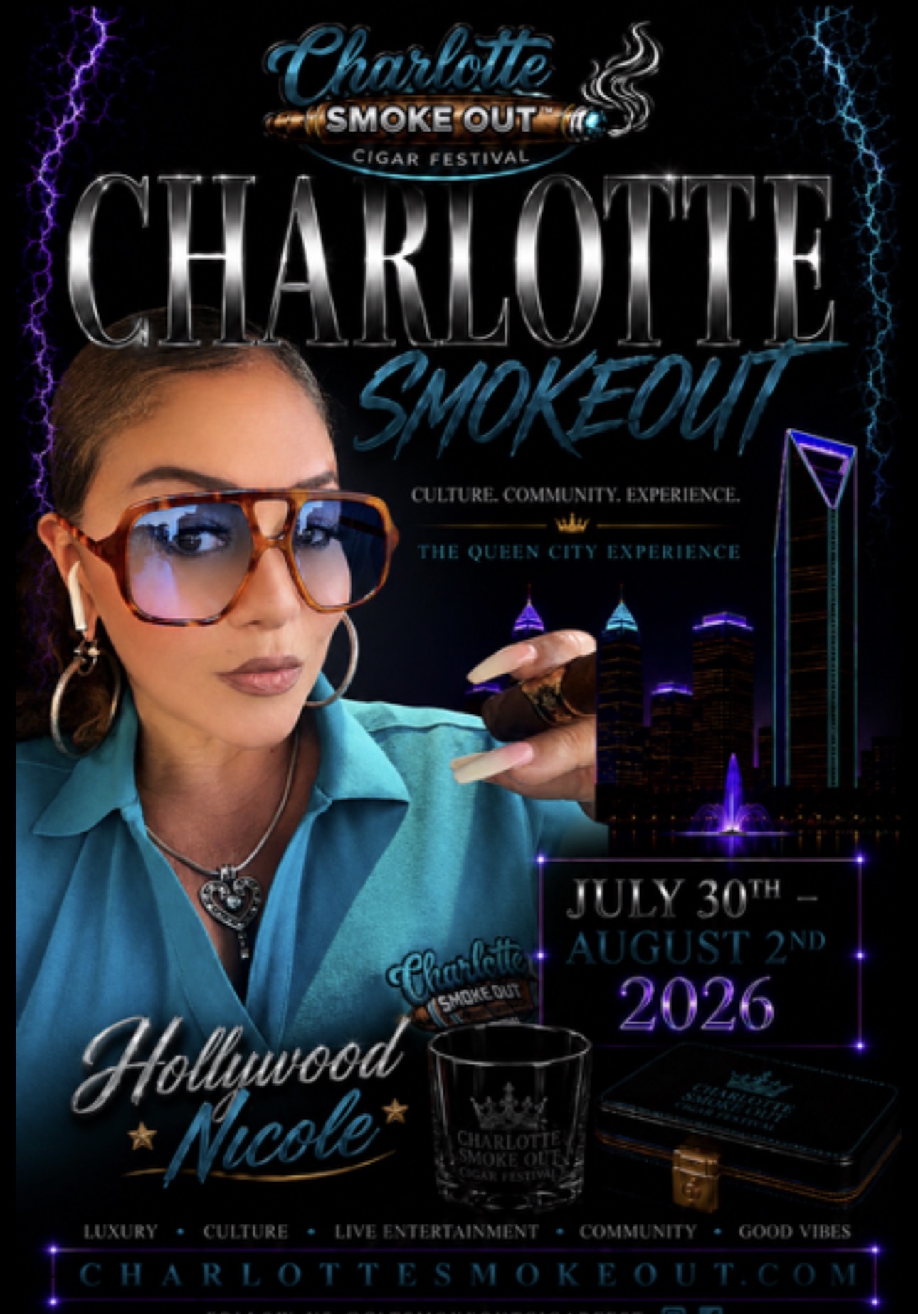 Woman wearing sunglasses and turquoise shirt, promotional poster for Charlotte Smokeout event, with city skyline and event details, 2026.