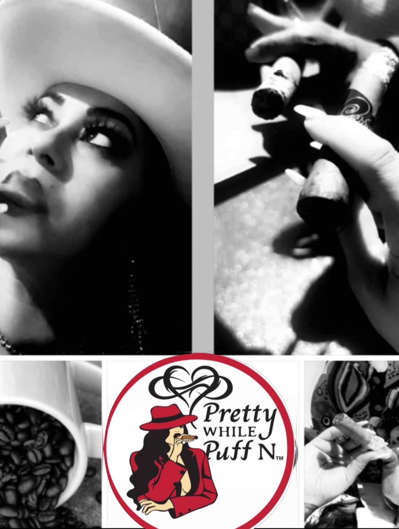 Collage of four black and white images, including a woman with a hat, a hand holding a cigarette, a logo, and a person smoking.