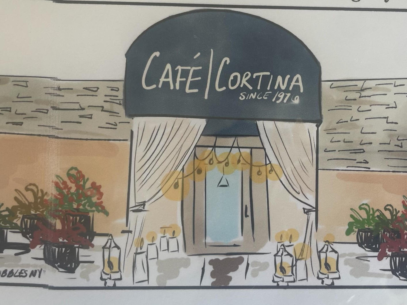 Cafe Cortina storefront with curtains, outdoor seating, and potted plants, painted in soft colors.