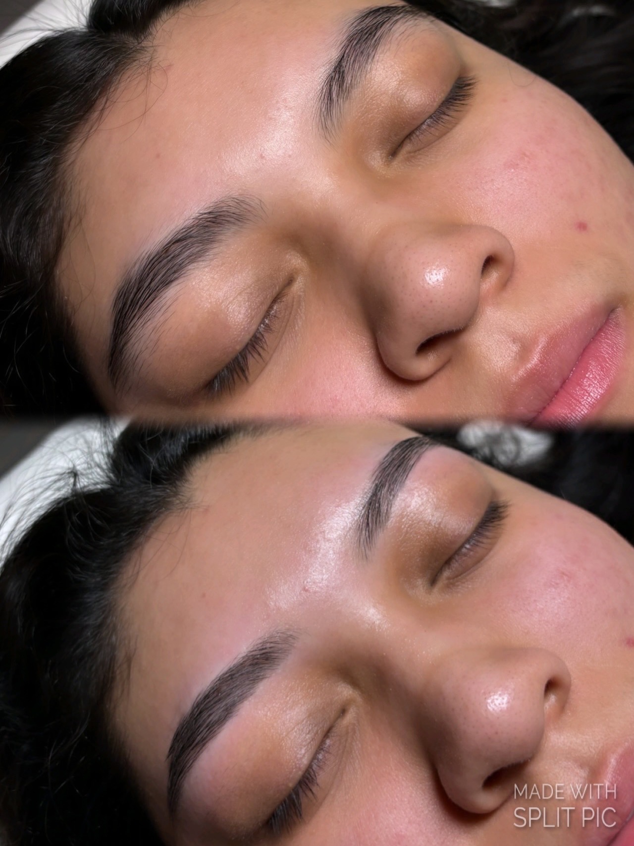 Close-up of a person's face with eyes closed, showing smooth skin and well-groomed eyebrows.