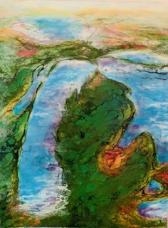 Waterfall flowing into a river surrounded by greenery, with a colorful sky in the background.