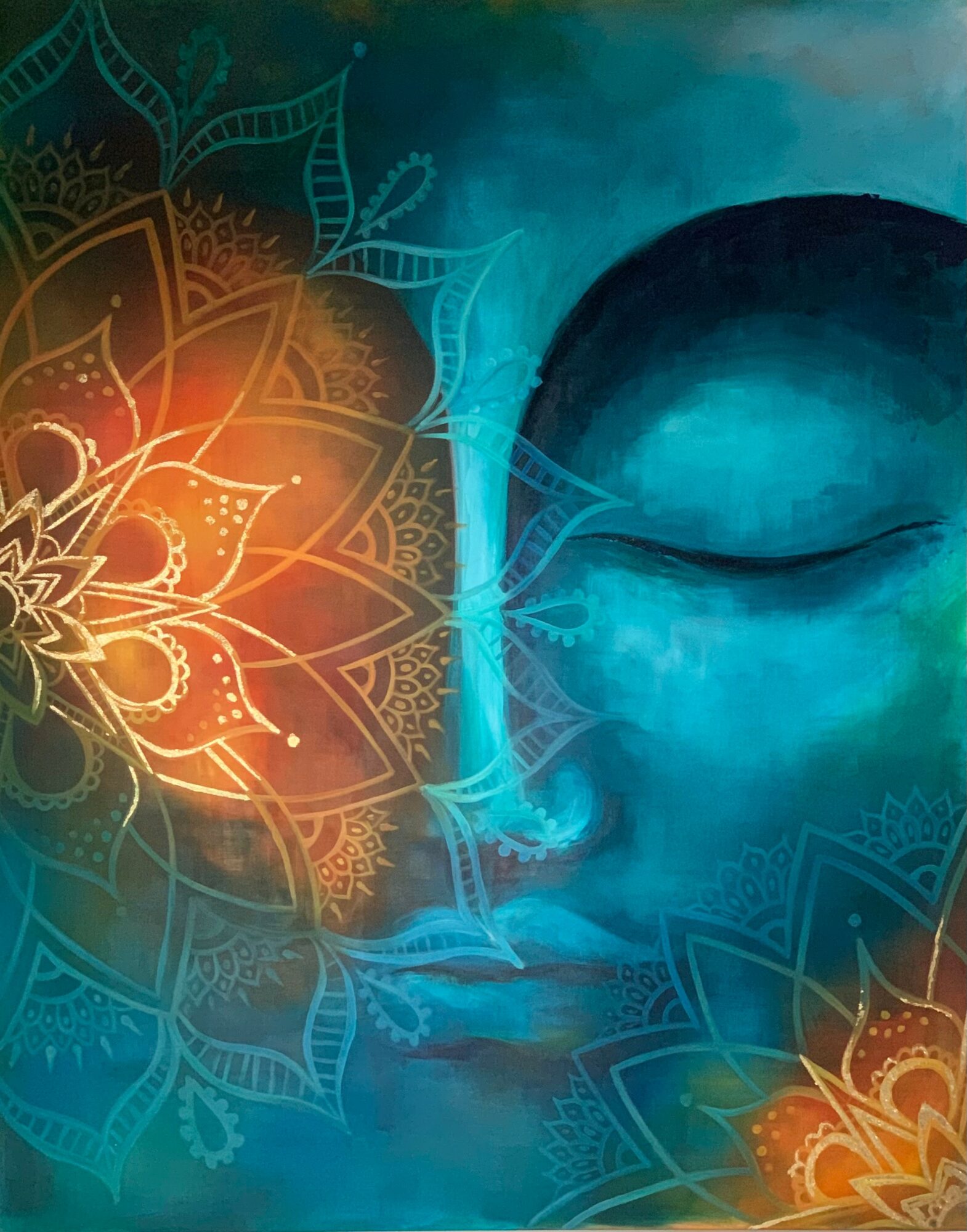 A serene face with closed eyes surrounded by glowing mandala patterns in warm and cool colors.