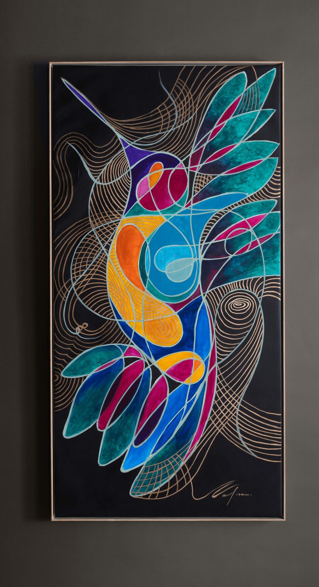 Colorful abstract bird with wings and tail feathers, set against a dark background with swirling lines.