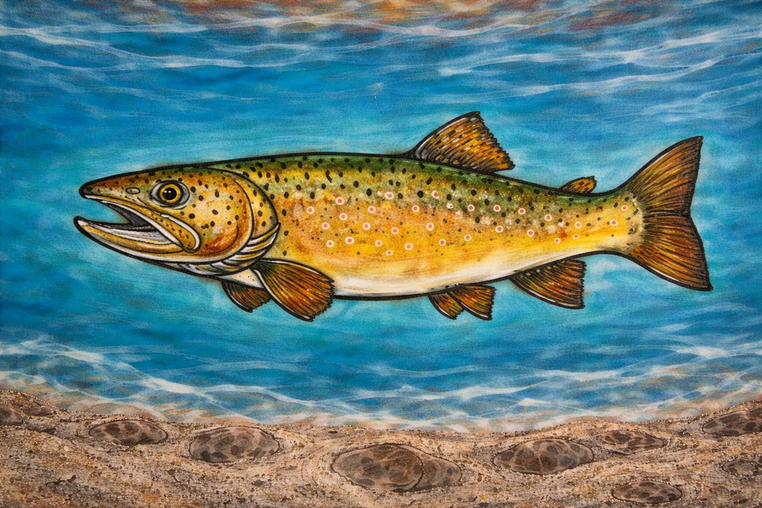 Colorful fish swimming above sandy bottom with water and sky background, detailed scales and fins visible.