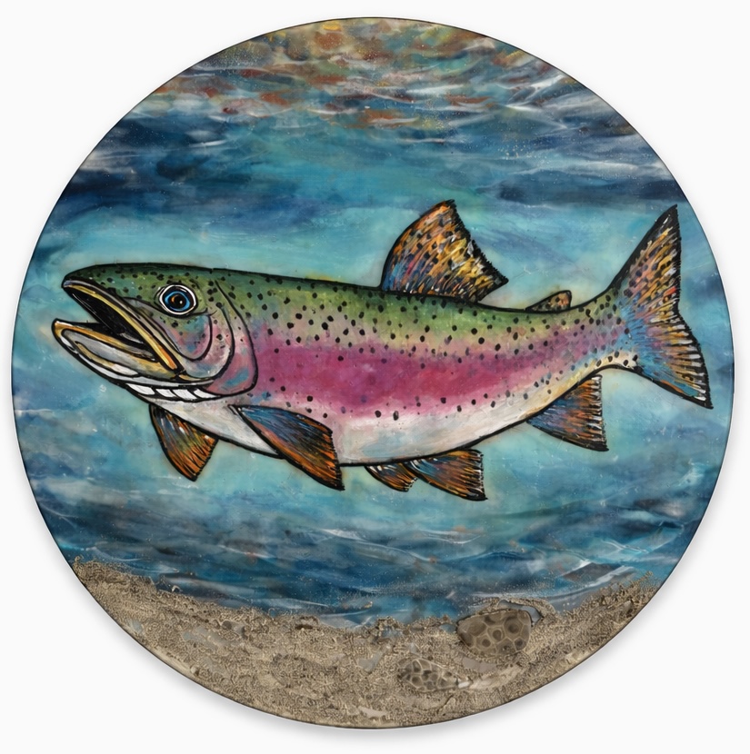 Colorful fish swimming in water with a sandy bottom, painted in a circular frame.