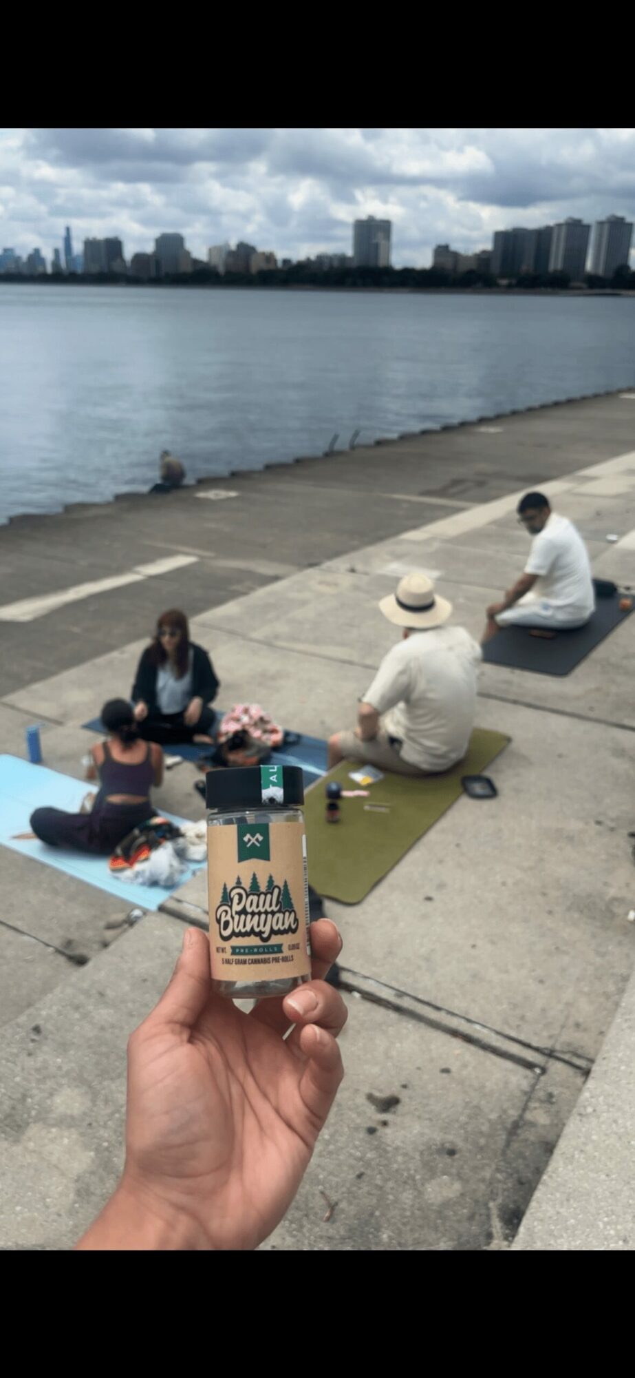 Person holding a small box with a city skyline and river in the background, people sitting on the sidewalk, cloudy sky.