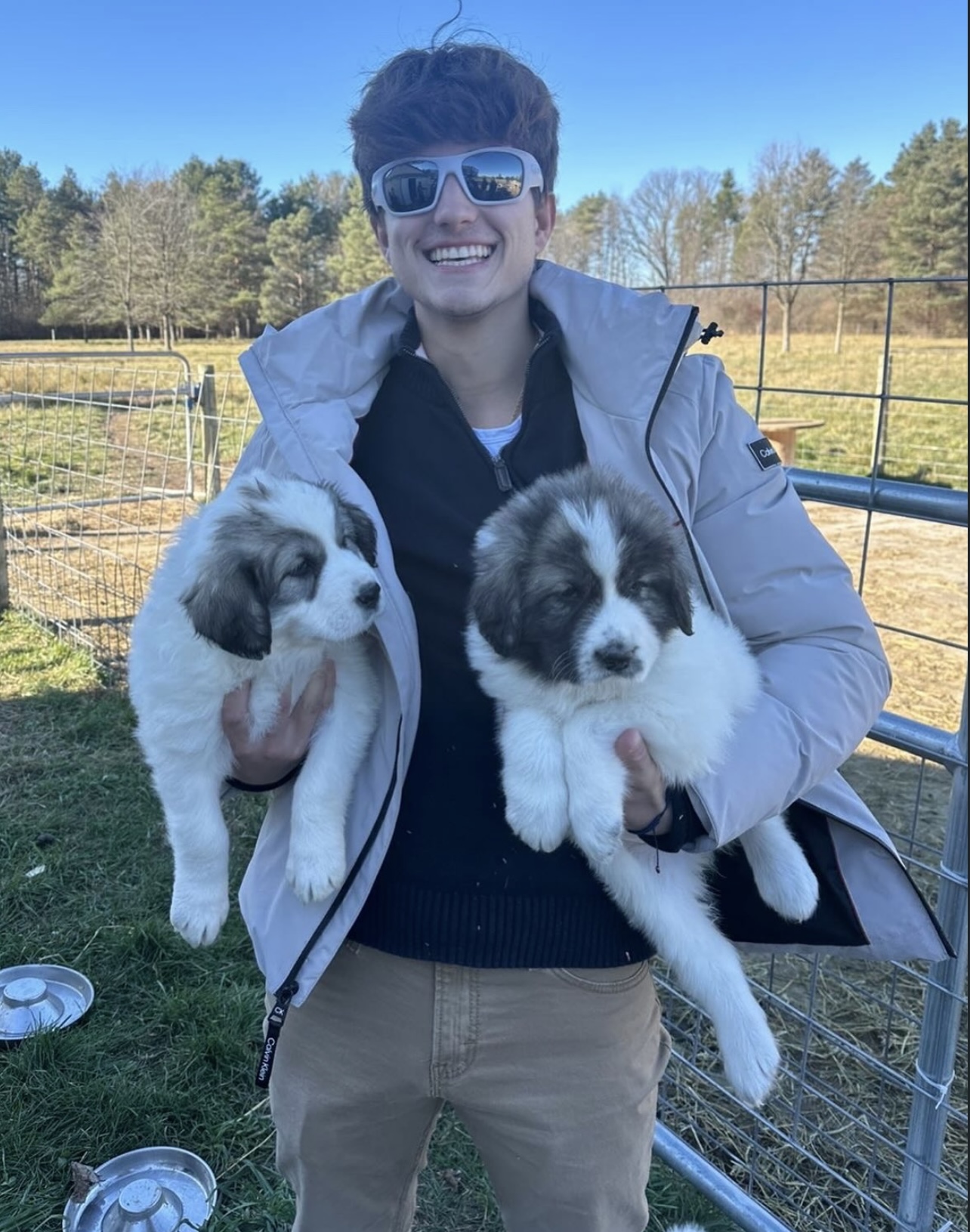 Young man holding two puppies outdoors on a sunny day, with a fence and trees in the background.