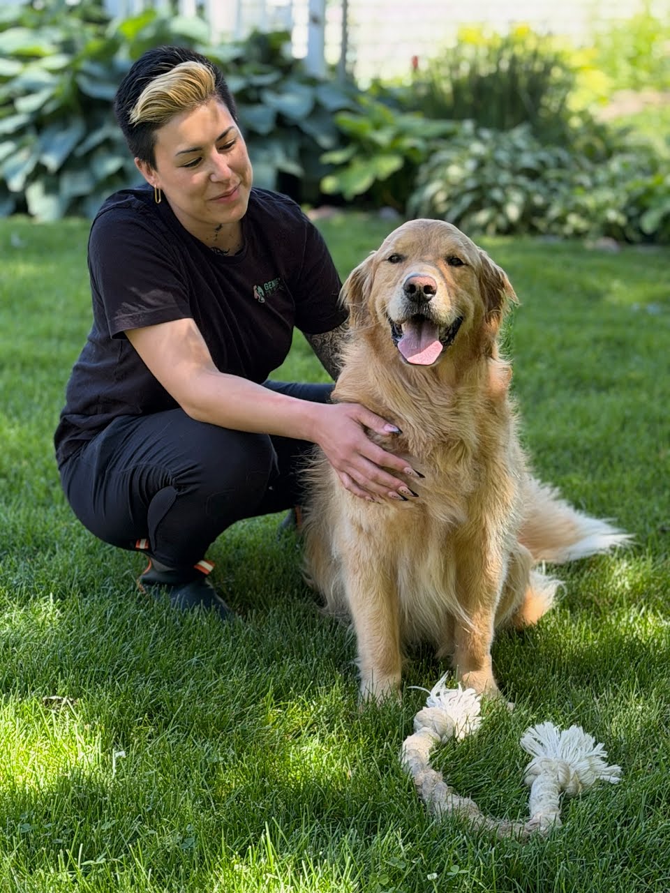 Person kneeling on grass petting a large, fluffy dog outdoors with greenery in background.