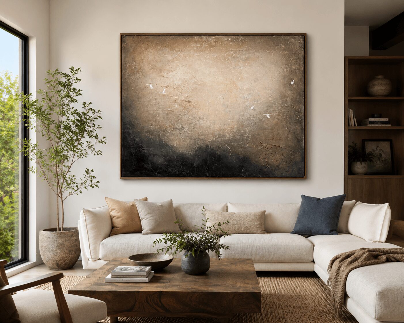 Living room with a large abstract painting above a beige sofa, a wooden coffee table, and a potted plant near a window.