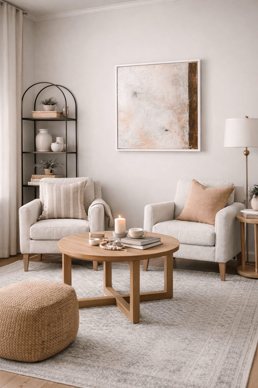 Living room with two white armchairs, a round wooden coffee table, a beige pouf, and a tall black shelf with decor items, a wall art piece, and a floor lamp. Neutral tones and soft lighting.